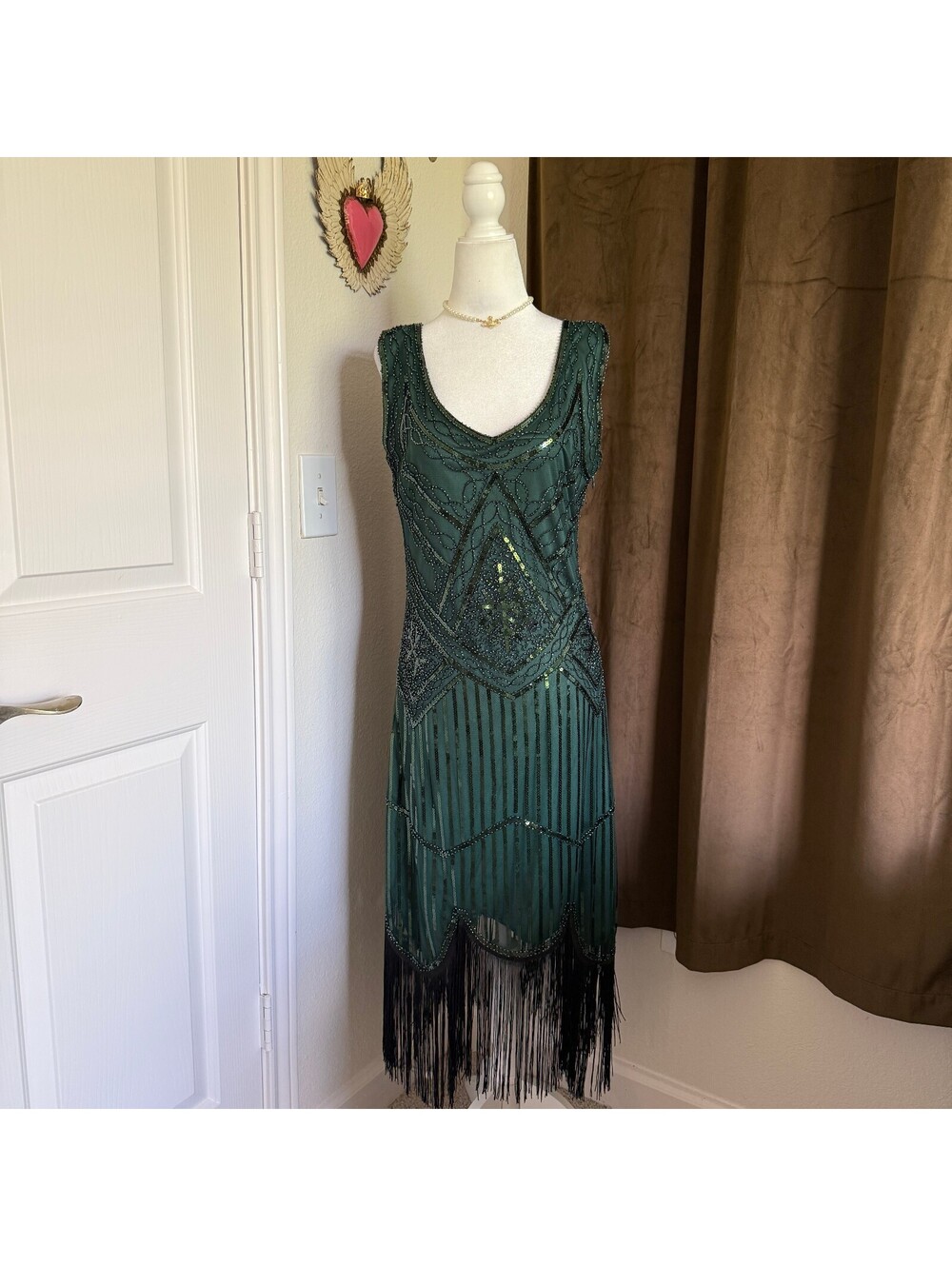 Fundaisy Green Beaded Sequin Fringe Flapper Dress Art Deco Gatsby 1920s L